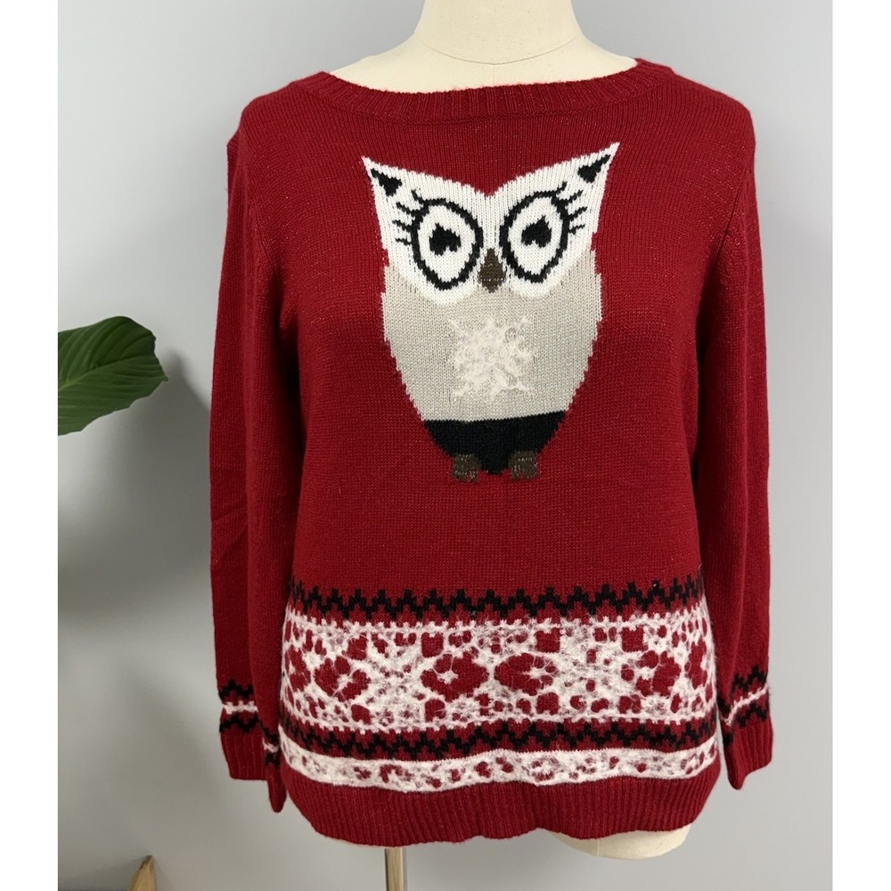 Crystal Kobe Sweater Fair Isle Owl 1X Red Vintage Academia Cottagecore Cabin